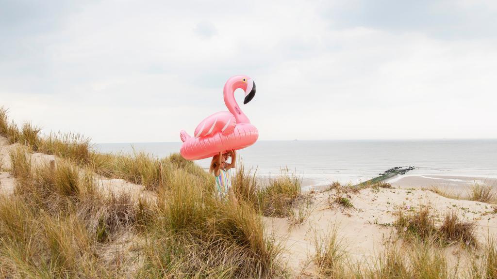 Campagnebeeld voor de toeristische kustregio met een opblaas flamingo in de duinen